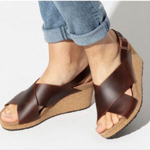 Birkenstock Papillio Samira Dark Brown Leather Cork Wedge Sandals NWT 37